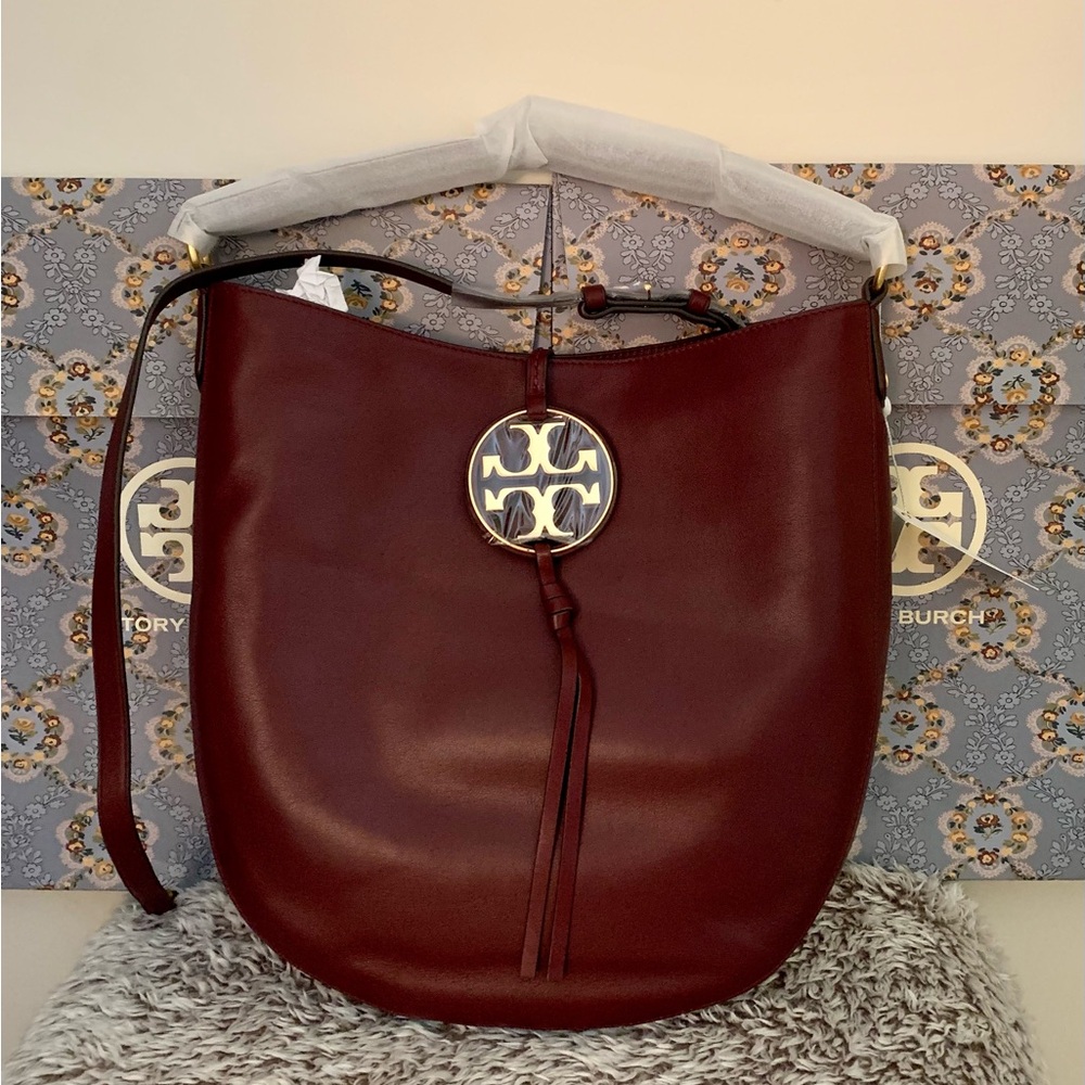 Tory Burch Miller Metal Leather Hobo Burgundy Port
